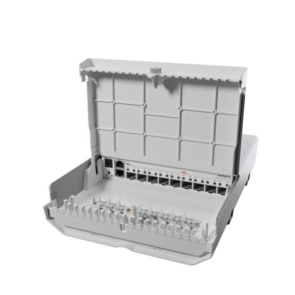 MikroTik - netFiber 9 with 800MHz ARM v7 CPU, 256MB RAM, 4 x 10G SFP+ ports, 5 x 1G SFP ports, 1 x Gigabit Ethernet port (PoE-In), RouterOS L5 license, outdoor enclosure, mounting kit, PSU, PoE inject [CRS310-1G-5S-4S+OUT]