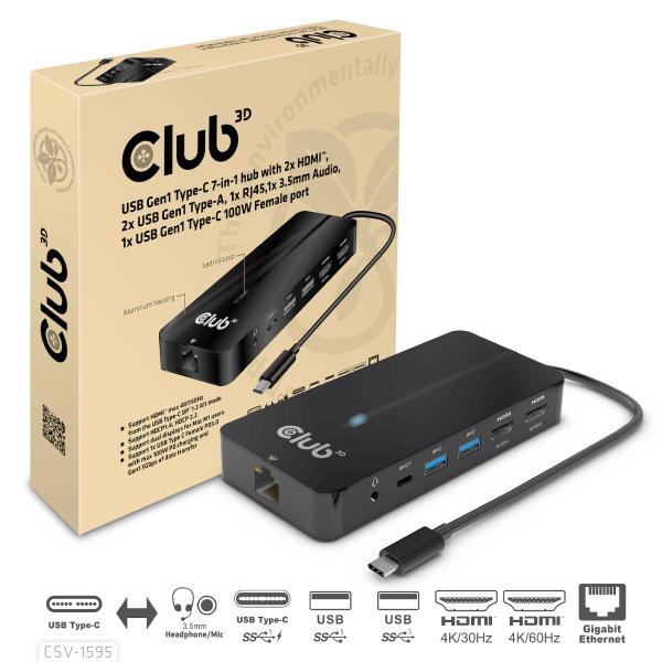 CLUB3D HUB USB GEN1 TYPE-C 7-in-1 2x HDMI, 2x USB GEN1 TYPE-A, 1x RJ45, 1x 3.5mm Audio, 1x USB GEN [CSV-1595]