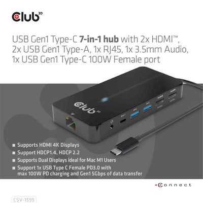 CLUB3D HUB USB GEN1 TYPE-C 7-in-1 2x HDMI, 2x USB GEN1 TYPE-A, 1x RJ45, 1x 3.5mm Audio, 1x USB GEN [CSV-1595]