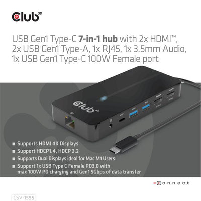 CLUB3D HUB USB GEN1 TYPE-C 7-in-1 2x HDMI, 2x USB GEN1 TYPE-A, 1x RJ45, 1x 3.5mm Audio, 1x USB GEN [CSV-1595]