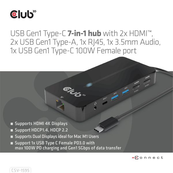 CLUB3D HUB USB GEN1 TYPE-C 7-in-1 2x HDMI, 2x USB GEN1 TYPE-A, 1x RJ45, 1x 3.5mm Audio, 1x USB GEN [CSV-1595]