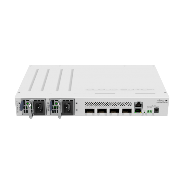 MikroTik, Cloud Router Switch 504-4XQ-IN with QCA9531 650 MHz CPU, 16 x 25G port 98DX4310 switch chip, 64 MB RAM, 4 x 100G QSFP28 ports, 1 x 100Mbit Eth port for management, RouterOS L5, desktop case, [CRS504-4XQ-IN]