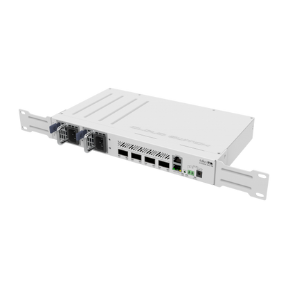 MikroTik, Cloud Router Switch 504-4XQ-IN with QCA9531 650 MHz CPU, 16 x 25G port 98DX4310 switch chip, 64 MB RAM, 4 x 100G QSFP28 ports, 1 x 100Mbit Eth port for management, RouterOS L5, desktop case, [CRS504-4XQ-IN]