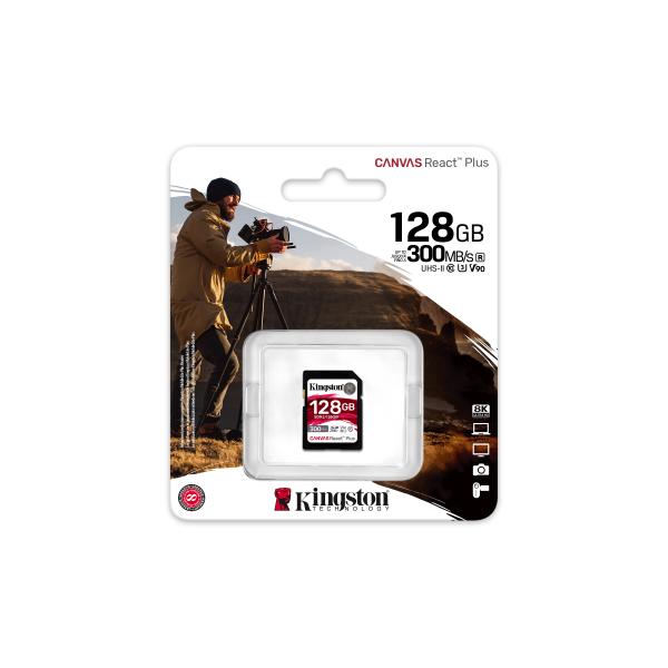 Kingston Technology 128GB Canvas React Plus SDXC UHS-II 300R/260W U3 V90 for Full HD/4K/8K [SDR2/128GB]
