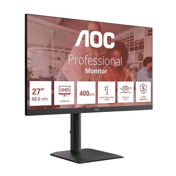 AOC MONITOR 27 LED IPS 4K UHD 16:9 4MS 75hz 400 CDM, PIVOT, DP/HDMI, USB-C, MULTIMEDIALE [U27E4CV]