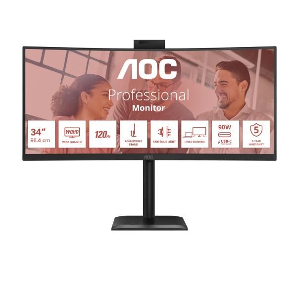 AOC MONITOR 34 LED VA 4K UHD 21:9 4MS 120hz 350 CDM, REG ALTEZZA, DP/HDMI, USB-C, WEBCAM, MULTIMEDIA [CU34E4CW]