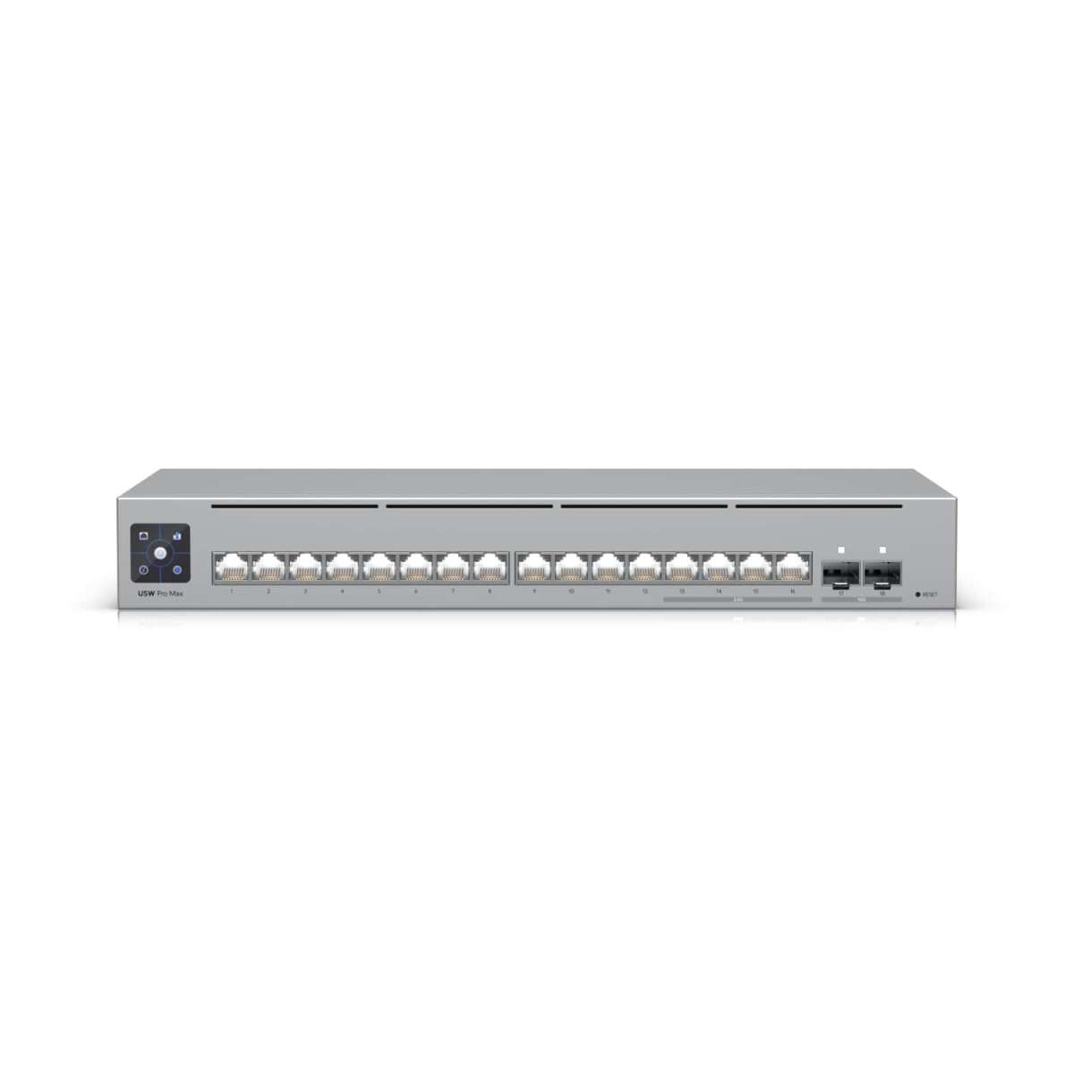Ubiquiti-USW-Pro-Max-16-PoE-EU-UniFi 16Port Layer 3 Etherlighting switch with 4x 2.5 GbE PoE++ ports, 12x GbE PoE+ ports, 2x 10G SFP+ ports - fanlesss (180W total) [USW-Pro-Max-16-PoE-EU]