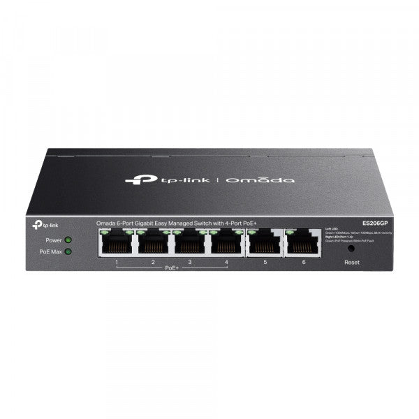 TP-Link - ES206GP - Omada 6-Port Gigabit Easy Managed Switch with 4-Port PoE+, 4 Gigabit PoE+ Ports, 2x Gigabit Non-PoE Ports, 802.3at/af, 65 W PoE Power, Desktop Steel Case and Fanless [ES206GP]