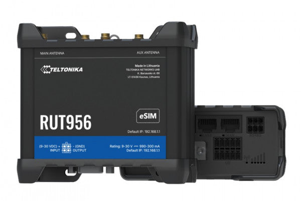 Teltonika RUT956 con e-Sim (CPU Mediatek) - LTE WLAN Router con I/O, GPS e porte RS232/RS485 per applicazioni professionali - dual SIM failover - Standard Packaging senza Din Rail Kit [RUT95623B600]