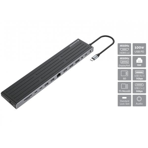 Conceptronic 14-in-1 MST Docking Station USB 3.2 Gen 1 - HDMI x 2 - DP - GbE LAN - USB-A 5Gbps x 3 - USB-C 5Gbps x 2 - SD - TF/MicroSD - 3.5m [DONN32B]