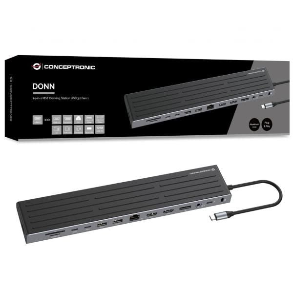 Conceptronic 14-in-1 MST Docking Station USB 3.2 Gen 1 - HDMI x 2 - DP - GbE LAN - USB-A 5Gbps x 3 - USB-C 5Gbps x 2 - SD - TF/MicroSD - 3.5m [DONN32B]