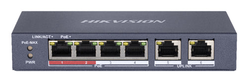 HIKVISION SWITCH 10/100 POE METALLICO L2, UNMANAGED, 4 10/100M RJ45 POE PORTS, 2 10/100M RJ45 UPLINK [DS-3E0106P-E/M]