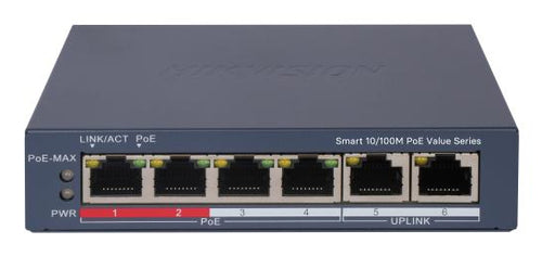 SWITCH HIKVISION SMART MANAGED POE 10/100 L2, 4 10/100M RJ45 POE PORTS, 2 10/100M RJ45 PORT, 802.3AF [DS-3E1106P-EI/M]