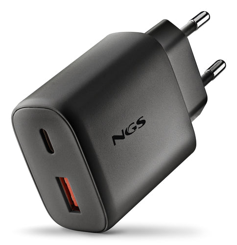NGS ERA 45W BLACK: CARICATORE GaN DA PARETE UNIVERSALE DA 45W con 2 porte: USB-C + USB-A [ERA45WBLACK]