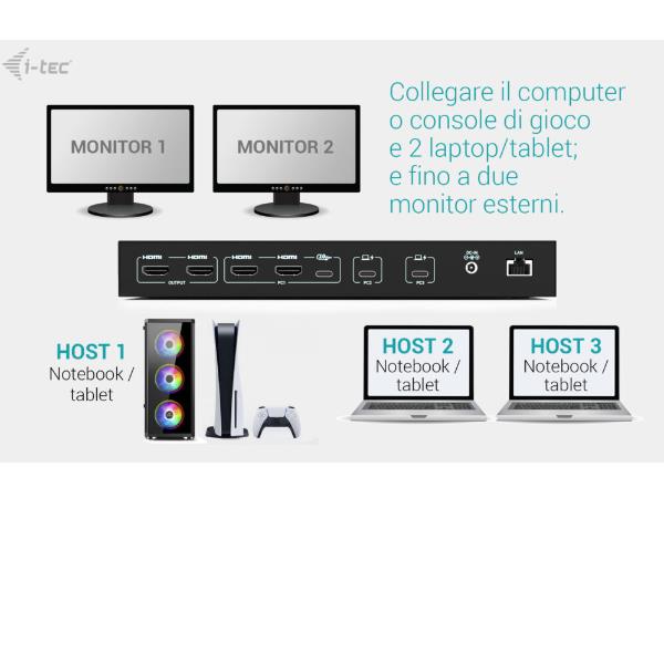 I-TEC DOCKING STATION USB-C KVM PER 3 HOSTS, DUAL DISPLAY, POWER DELIVERY 1X 92W/2X 65W [C31KVMDOCKPDPRO]