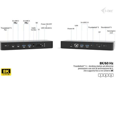 I-TEC THUNDERBOLT 5 Triplo Display, PD140W con alimentatore, Slot M.2 NVMe per espandere lo storage fino a 7000 MB/s [TB5TRIPLEDOCKM2PDIT]
