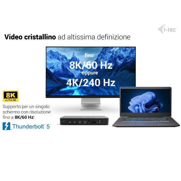I-TEC THUNDERBOLT 5 Triplo Display, PD140W con alimentatore, Slot M.2 NVMe per espandere lo storage fino a 7000 MB/s [TB5TRIPLEDOCKM2PDIT]