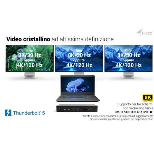 I-TEC THUNDERBOLT 5 Triplo Display, PD140W con alimentatore, Slot M.2 NVMe per espandere lo storage fino a 7000 MB/s [TB5TRIPLEDOCKM2PDIT]