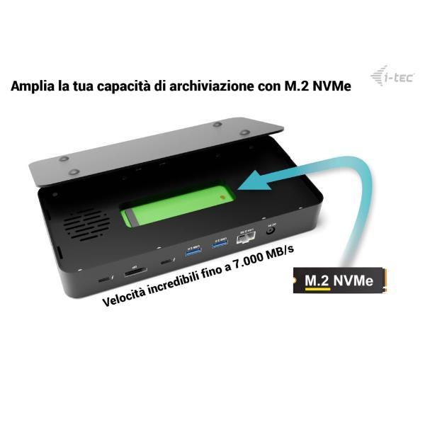 I-TEC THUNDERBOLT 5 Triplo Display, PD140W con alimentatore, Slot M.2 NVMe per espandere lo storage fino a 7000 MB/s [TB5TRIPLEDOCKM2PDIT]
