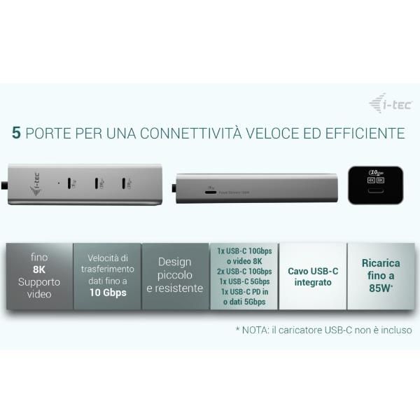 HUB di ricarica USB-C a 5 porte con video USB-C 8K + PD 85 W [C31HUBMETAL8KPDPRO]