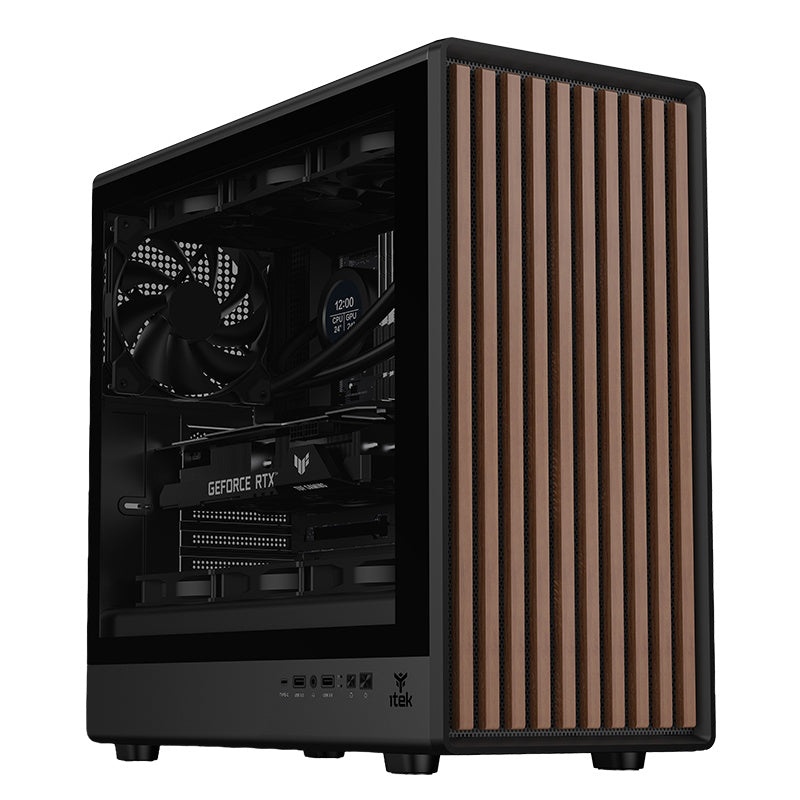 CASE WOODY W2B GAMING TOWER ATX 4x14CM BLACK fAN 2xUSB3 TYPE-C WOOD FRONT DARKER TEMP GLASS SIDE [ITGCAWOW2B]