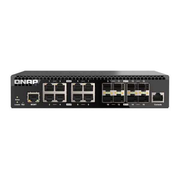 QNAP - QSW-M3216R-8S8T, Management Switch, 16 port of 10GbE port speed, 8 port SFP+, 8 port 10gbE RJ45, half-rackmount design [QSW-M3216R-8S8T]
