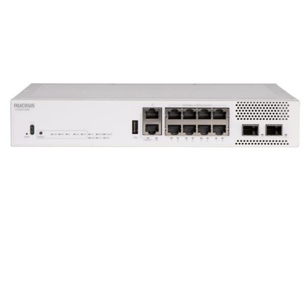 RUCKUS ICX 8200 Compact Switch, 810/100/1000 Mbps PoE+ ports, 210 GbE SFP+ stacking/uplink-ports, 124W PoE budget, three-year remote TAC support. Power cord not included. TAA [ICX8200-C08PF]