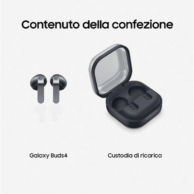 Samsung Galaxy Buds4, Black, Corpo in metallo, Altoparlante a 1 via, equalizzatore adattivo, Chiamate cristalline, Audio a 360, ANC, Controllo adattivo del rumore Connessione senza interruzioni e One UI, Galaxy AI pronto ai comandi vocali [SM-R540NZKAITV]