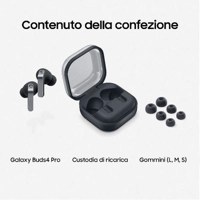 Samsung Galaxy Buds4 Pro, Black, Altoparlante a 2 vie e doppio amplificatore, Chiamate cristalline, Audio a 360, ANC migliorata, Controllo adattivo del rumore, Connessione senza interruzioni e One UI, AI pronto ai comandi vocali [SM-R640NZKAITV]
