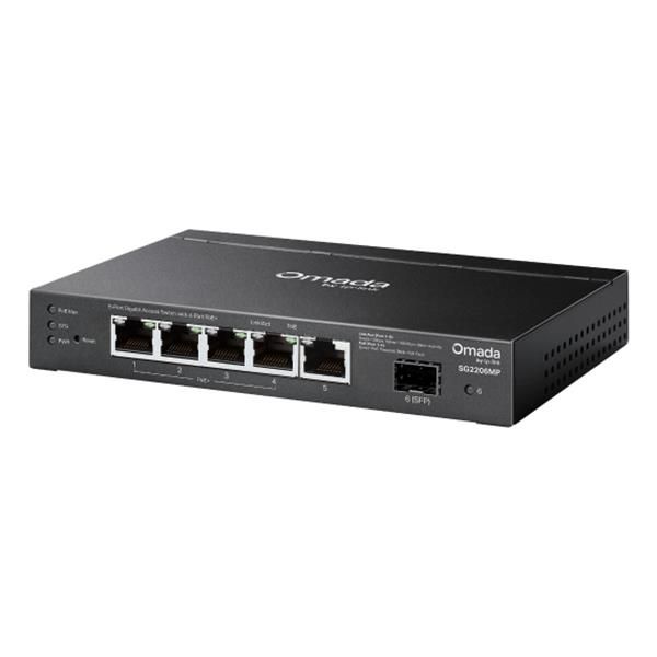 TP-Link - SG2206MP -"Omada Access 6-Port Gigabit Switch with 4-Port PoE+ PORT: 4 Gigabit PoE Ports, 1 Gigabit Non-PoE Port, 1 Gigabit SFP Slot SPEC: 802.3at/af, 63 W PoE Power, Desktop Steel Case [SG2206MP]