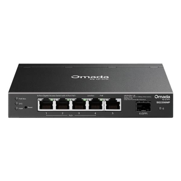 TP-Link - SG2206MP -"Omada Access 6-Port Gigabit Switch with 4-Port PoE+ PORT: 4 Gigabit PoE Ports, 1 Gigabit Non-PoE Port, 1 Gigabit SFP Slot SPEC: 802.3at/af, 63 W PoE Power, Desktop Steel Case [SG2206MP]