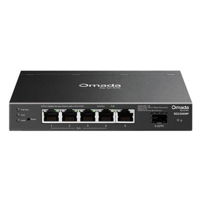 TP-Link - SG2206MP -"Omada Access 6-Port Gigabit Switch with 4-Port PoE+ PORT: 4 Gigabit PoE Ports, 1 Gigabit Non-PoE Port, 1 Gigabit SFP Slot SPEC: 802.3at/af, 63 W PoE Power, Desktop Steel Case [SG2206MP]