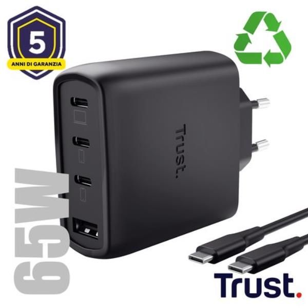 ALIMENTATORE/CARICABATTERIA 65W 4 PORTE (3 USB-C, 1 USB-A) GAN - CAVO RICARICA 2M INCLUSO - PLASTICA RICICLATA 50% - TRUST MAXO - NERO [26067]