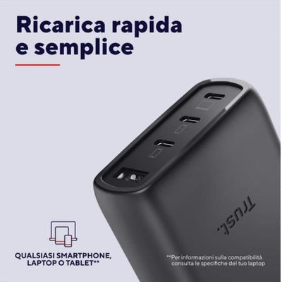 ALIMENTATORE/CARICABATTERIA 65W 4 PORTE (3 USB-C, 1 USB-A) GAN - CAVO RICARICA 2M INCLUSO - PLASTICA RICICLATA 50% - TRUST MAXO - NERO [26067]