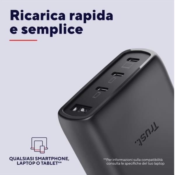 ALIMENTATORE/CARICABATTERIA 65W 4 PORTE (3 USB-C, 1 USB-A) GAN - CAVO RICARICA 2M INCLUSO - PLASTICA RICICLATA 50% - TRUST MAXO - NERO [26067]