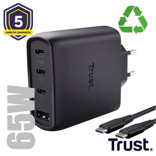 ALIMENTATORE/CARICABATTERIA 65W 4 PORTE (3 USB-C, 1 USB-A) GAN - CAVO RICARICA 2M INCLUSO - PLASTICA RICICLATA 50% - TRUST MAXO - NERO [26067]