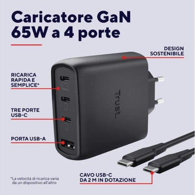 ALIMENTATORE/CARICABATTERIA 65W 4 PORTE (3 USB-C, 1 USB-A) GAN - CAVO RICARICA 2M INCLUSO - PLASTICA RICICLATA 50% - TRUST MAXO - NERO [26067]