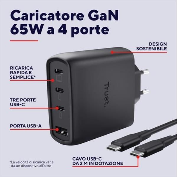 ALIMENTATORE/CARICABATTERIA 65W 4 PORTE (3 USB-C, 1 USB-A) GAN - CAVO RICARICA 2M INCLUSO - PLASTICA RICICLATA 50% - TRUST MAXO - NERO [26067]