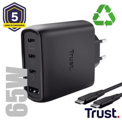 ALIMENTATORE/CARICABATTERIA 65W 4 PORTE (3 USB-C, 1 USB-A) GAN - CAVO RICARICA 2M INCLUSO - PLASTICA RICICLATA 50% - TRUST MAXO - NERO [26067]