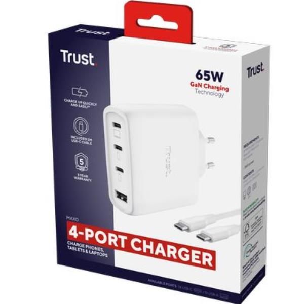 ALIMENTATORE/CARICABATTERIA 65W 4 PORTE (3 USB-C, 1 USB-A) GAN - CAVO RICARICA 2M INCLUSO - PLASTICA RICICLATA 50% - TRUST MAXO - BIANCO [26068]