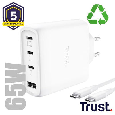 ALIMENTATORE/CARICABATTERIA 65W 4 PORTE (3 USB-C, 1 USB-A) GAN - CAVO RICARICA 2M INCLUSO - PLASTICA RICICLATA 50% - TRUST MAXO - BIANCO [26068]