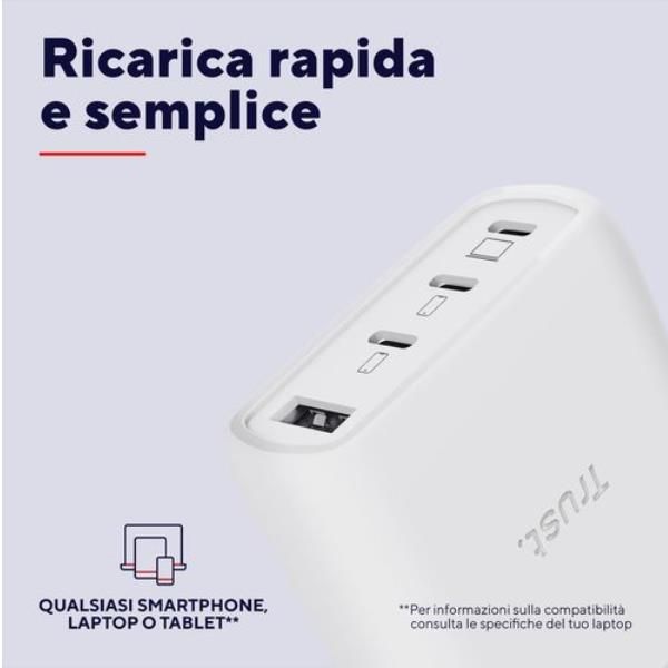 ALIMENTATORE/CARICABATTERIA 65W 4 PORTE (3 USB-C, 1 USB-A) GAN - CAVO RICARICA 2M INCLUSO - PLASTICA RICICLATA 50% - TRUST MAXO - BIANCO [26068]
