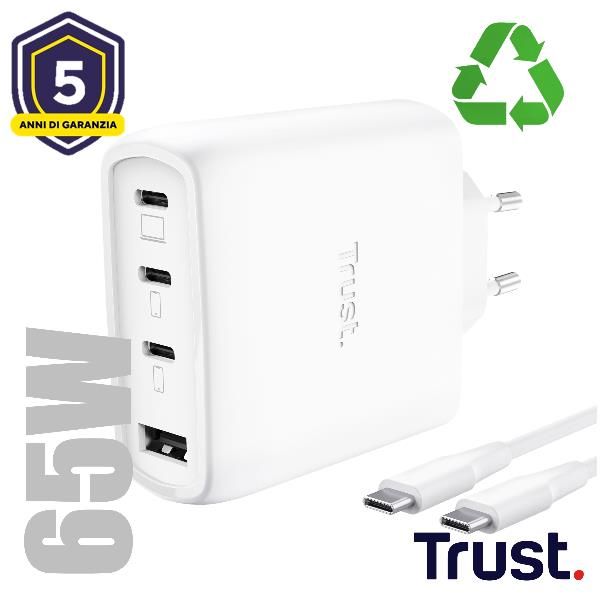 ALIMENTATORE/CARICABATTERIA 65W 4 PORTE (3 USB-C, 1 USB-A) GAN - CAVO RICARICA 2M INCLUSO - PLASTICA RICICLATA 50% - TRUST MAXO - BIANCO [26068]