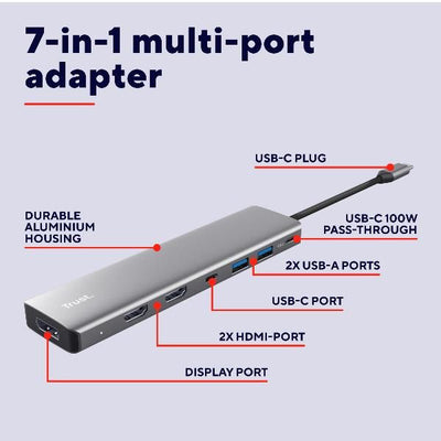 ADATTATORE DOCKING STATION MULTIPORT 7 IN 1, 2 HDMI 4K (60HZ)+ 1 DP 4K (60HZ)+ 2 USB-A 3.2 + 1 USB-C PD - TRUST DALYX 7-IN-1 - ALLUMINIO [25661]