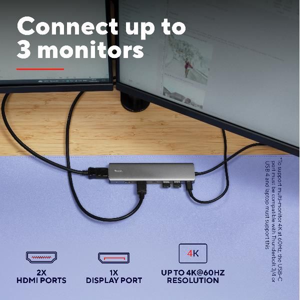 ADATTATORE DOCKING STATION MULTIPORT 7 IN 1, 2 HDMI 4K (60HZ)+ 1 DP 4K (60HZ)+ 2 USB-A 3.2 + 1 USB-C PD - TRUST DALYX 7-IN-1 - ALLUMINIO [25661]