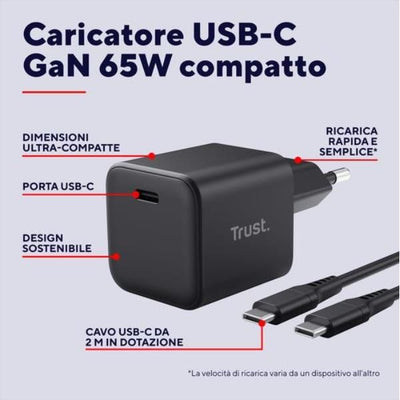ALIMENTATORE/CARICABATTERIA 65W ULRTACOMPATTO USB-C GAN - CAVO RICARICA INCLUSO - PLASTICA RICICLATA 100% - TRUST MAXO - NERO [26046]