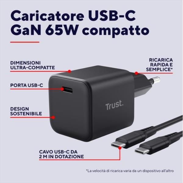 ALIMENTATORE/CARICABATTERIA 65W ULRTACOMPATTO USB-C GAN - CAVO RICARICA INCLUSO - PLASTICA RICICLATA 100% - TRUST MAXO - NERO [26046]