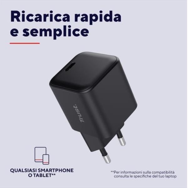 ALIMENTATORE/CARICABATTERIA 65W ULRTACOMPATTO USB-C GAN - CAVO RICARICA INCLUSO - PLASTICA RICICLATA 100% - TRUST MAXO - NERO [26046]