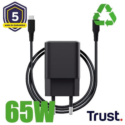 ALIMENTATORE/CARICABATTERIA 65W ULRTACOMPATTO USB-C GAN - CAVO RICARICA INCLUSO - PLASTICA RICICLATA 100% - TRUST MAXO - NERO [26046]