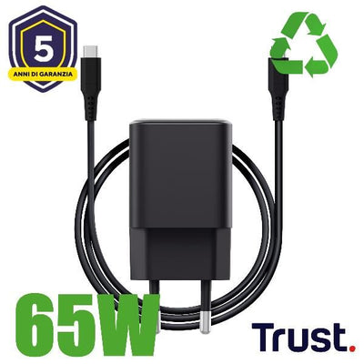 ALIMENTATORE/CARICABATTERIA 65W ULRTACOMPATTO USB-C GAN - CAVO RICARICA INCLUSO - PLASTICA RICICLATA 100% - TRUST MAXO - NERO [26046]